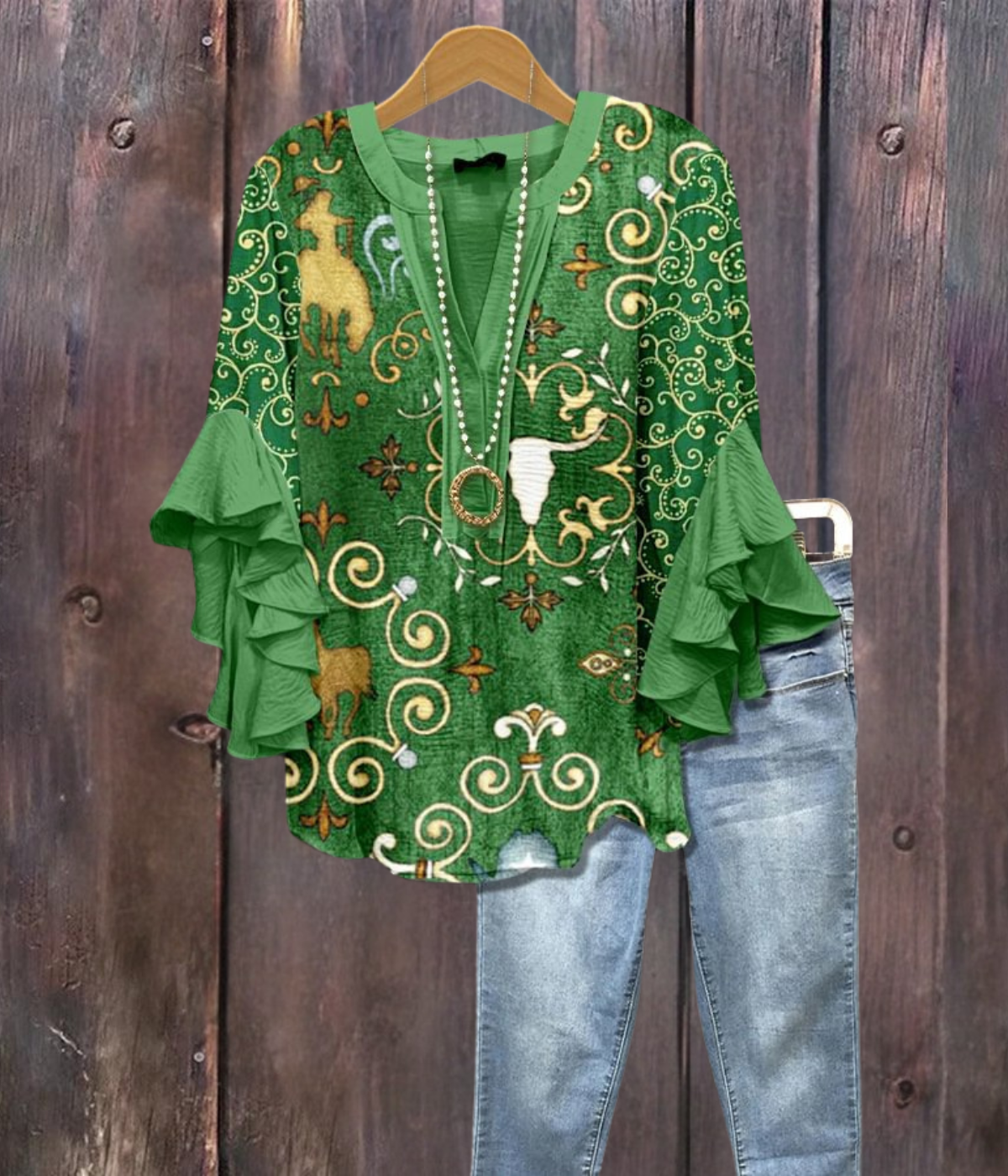 グリーン フローラル プリント Vネック シャツ