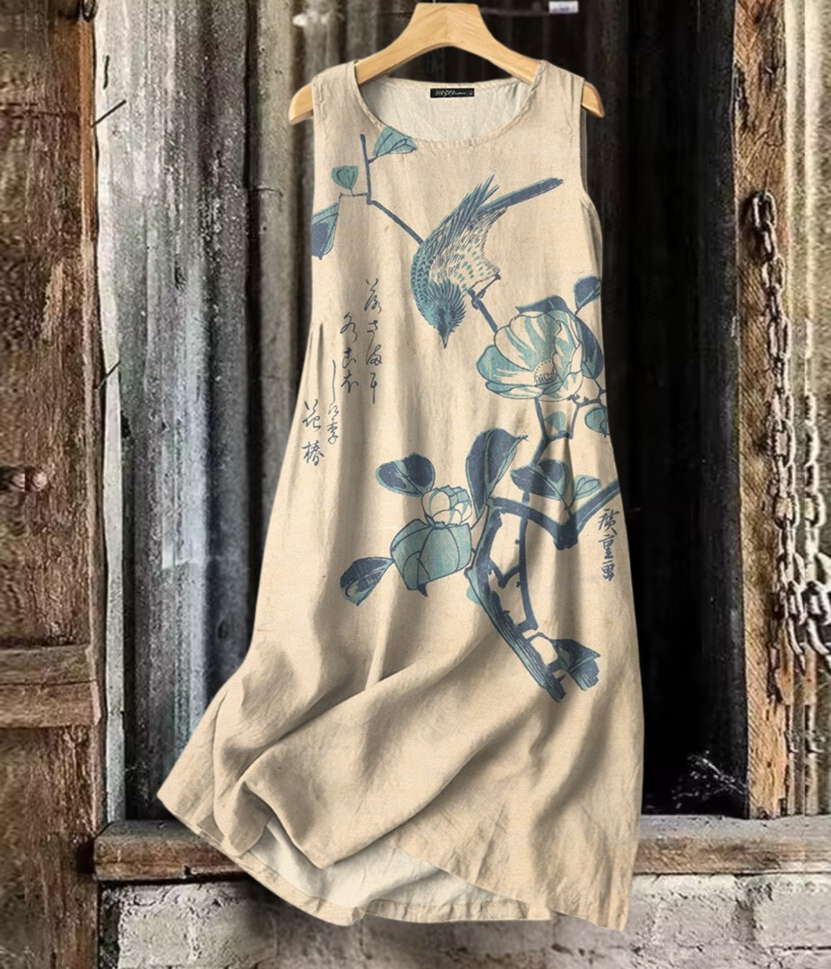 鳥プリントノースリーブロングワンピース