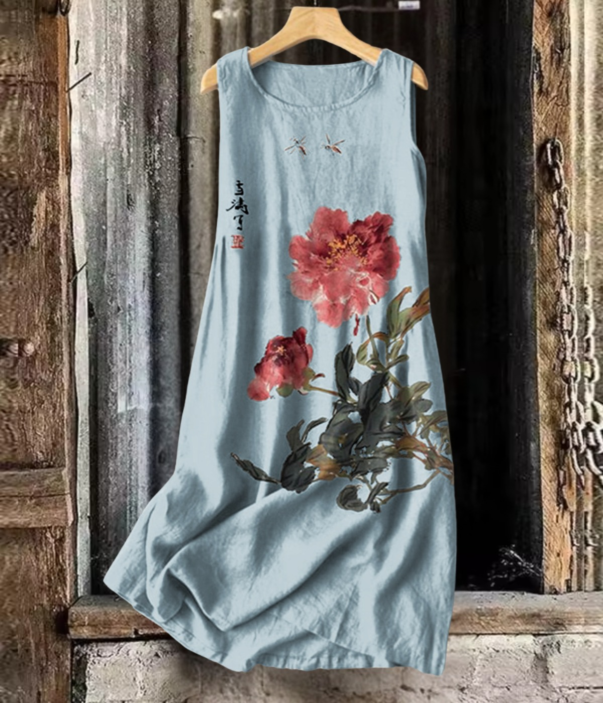 ブルー花柄ノースリーブロングワンピース