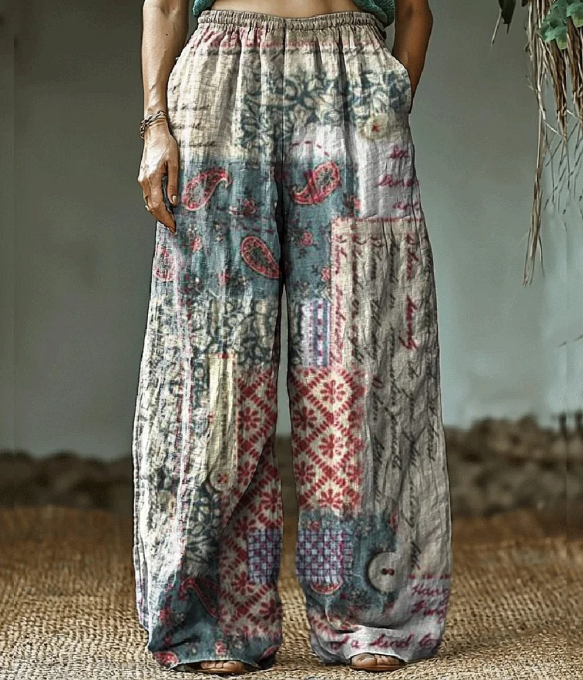 ホワイト・ヒッピー・アート・プリント・パンツ