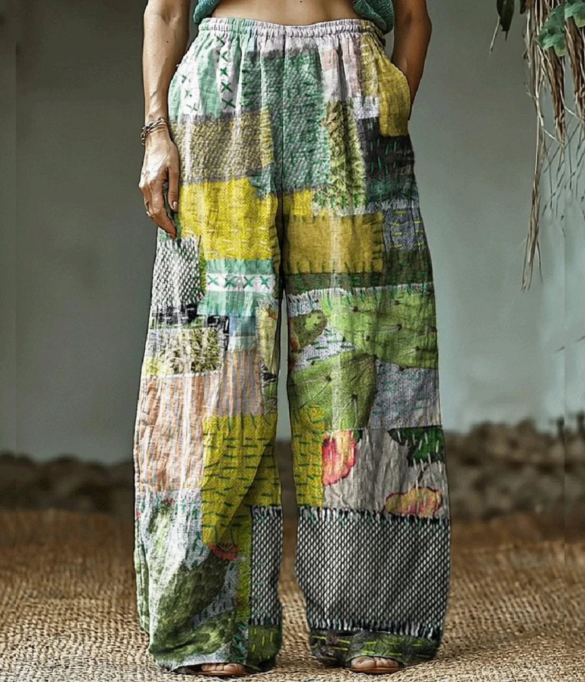 グレー・イエロー・ヒッピー・アート・プリント・パンツ