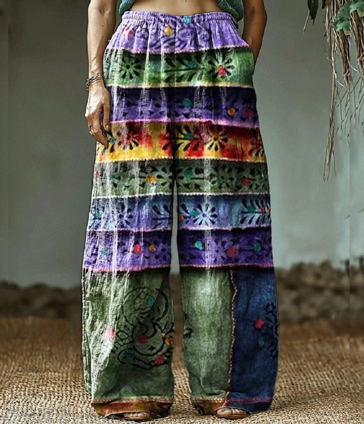 リーフ・ストライプ・ヒッピー・アート・プリント・パンツ