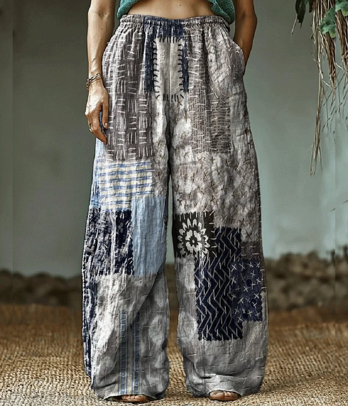 グレー・ヒッピー・アート・プリント・パンツ