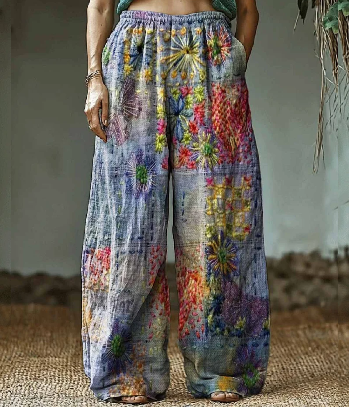 ライトパープル・ヒッピー・アート・プリント・パンツ