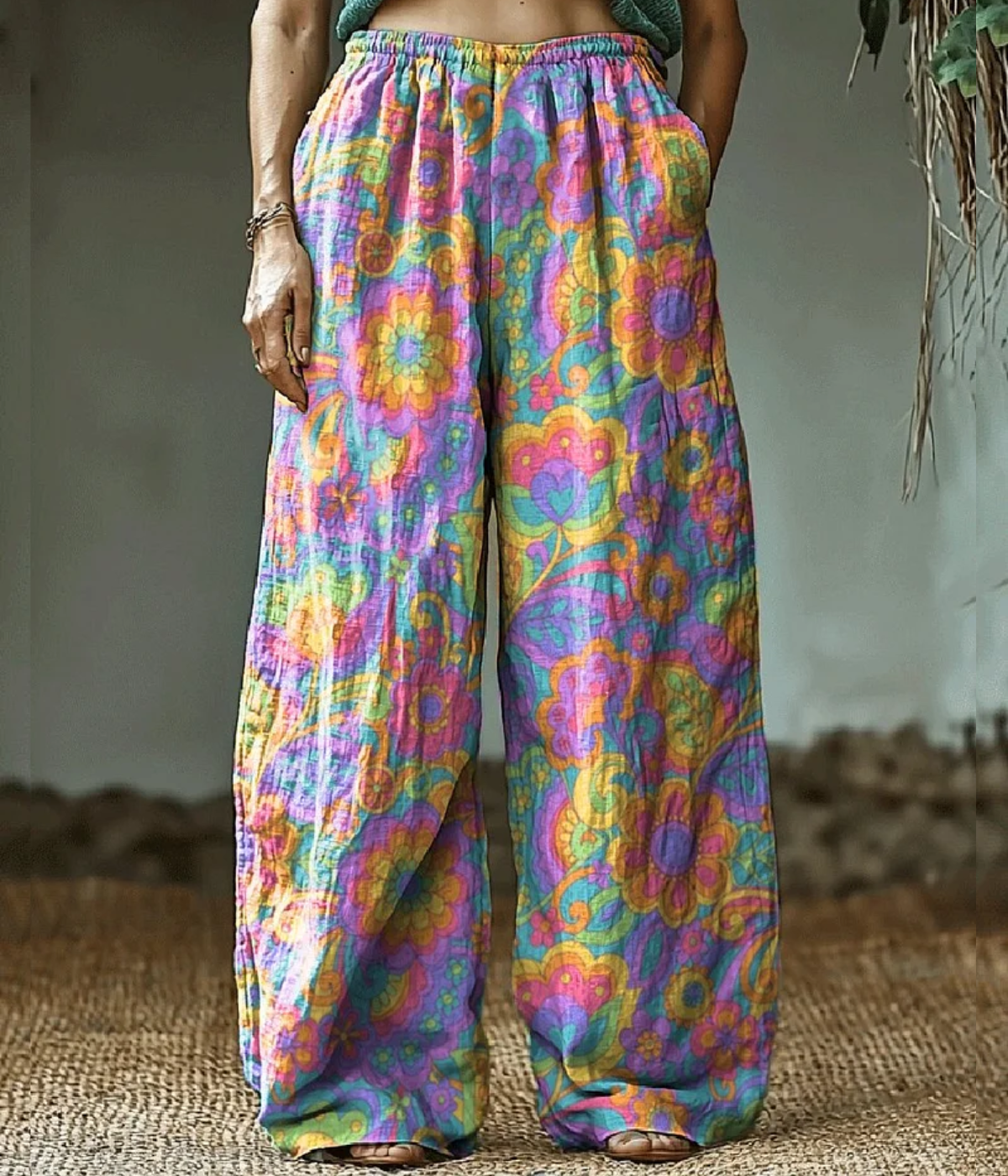 マルチカラー・ヒッピー・アート・プリント・パンツ