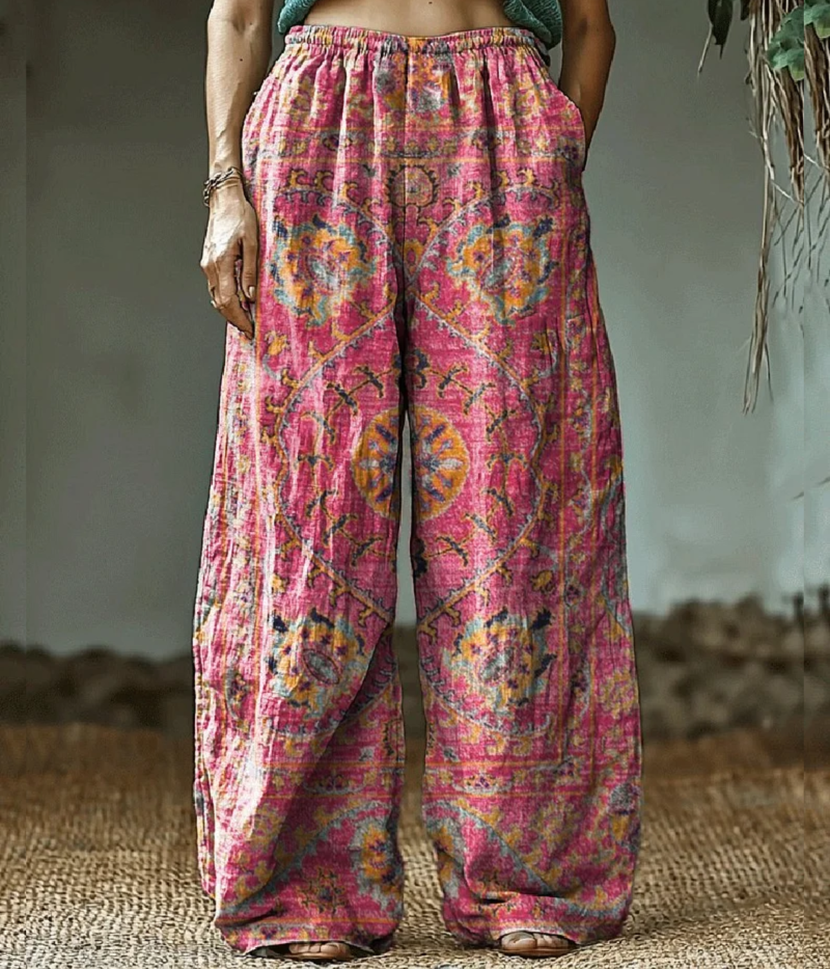 ピンク・ヒッピー・アート・プリント・パンツ