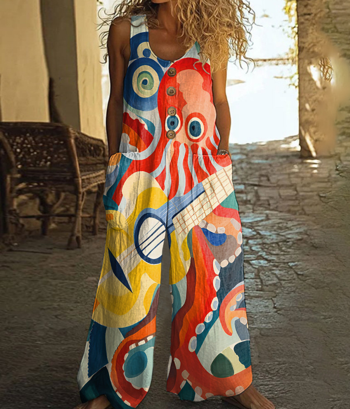 タコのボタンアップ・レトロ・ジャンプスーツ