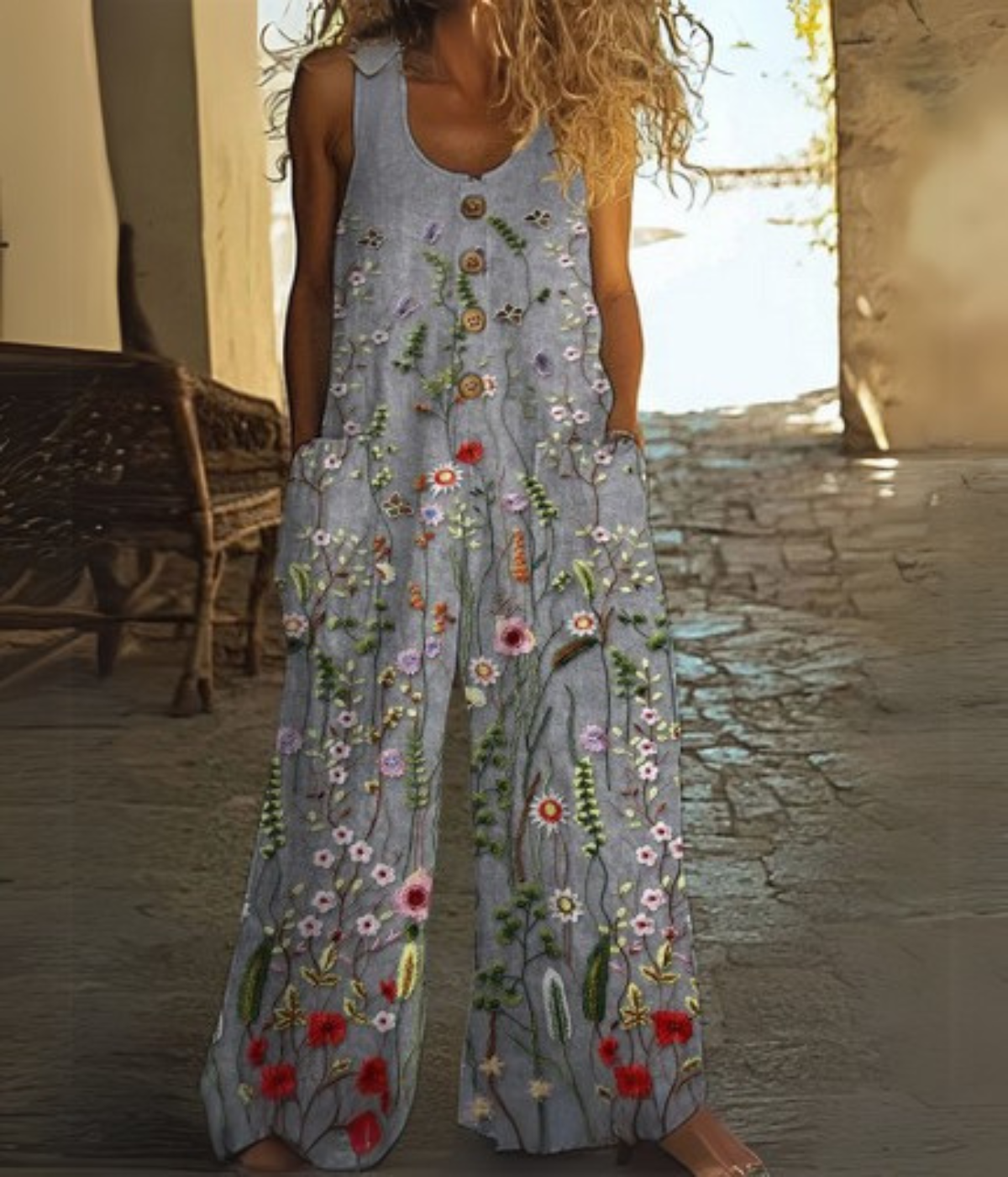 グレーのボタンアップ・レトロ・ジャンプスーツ