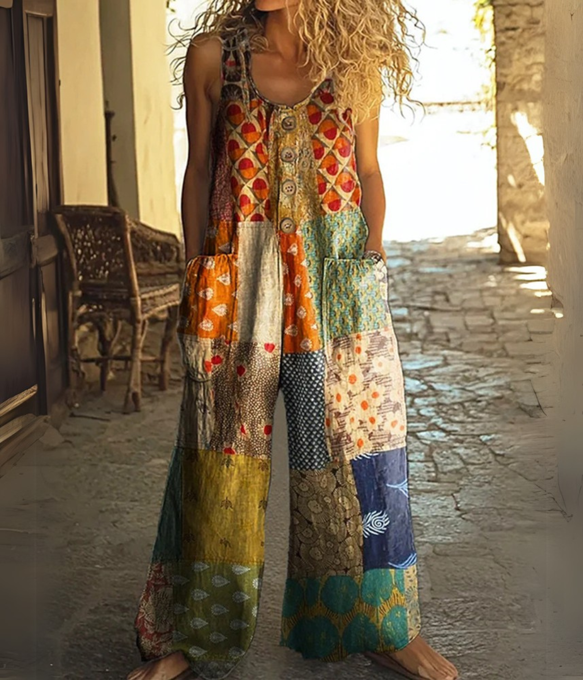 マルチパッチ・ボタンアップ・レトロ・ジャンプスーツ