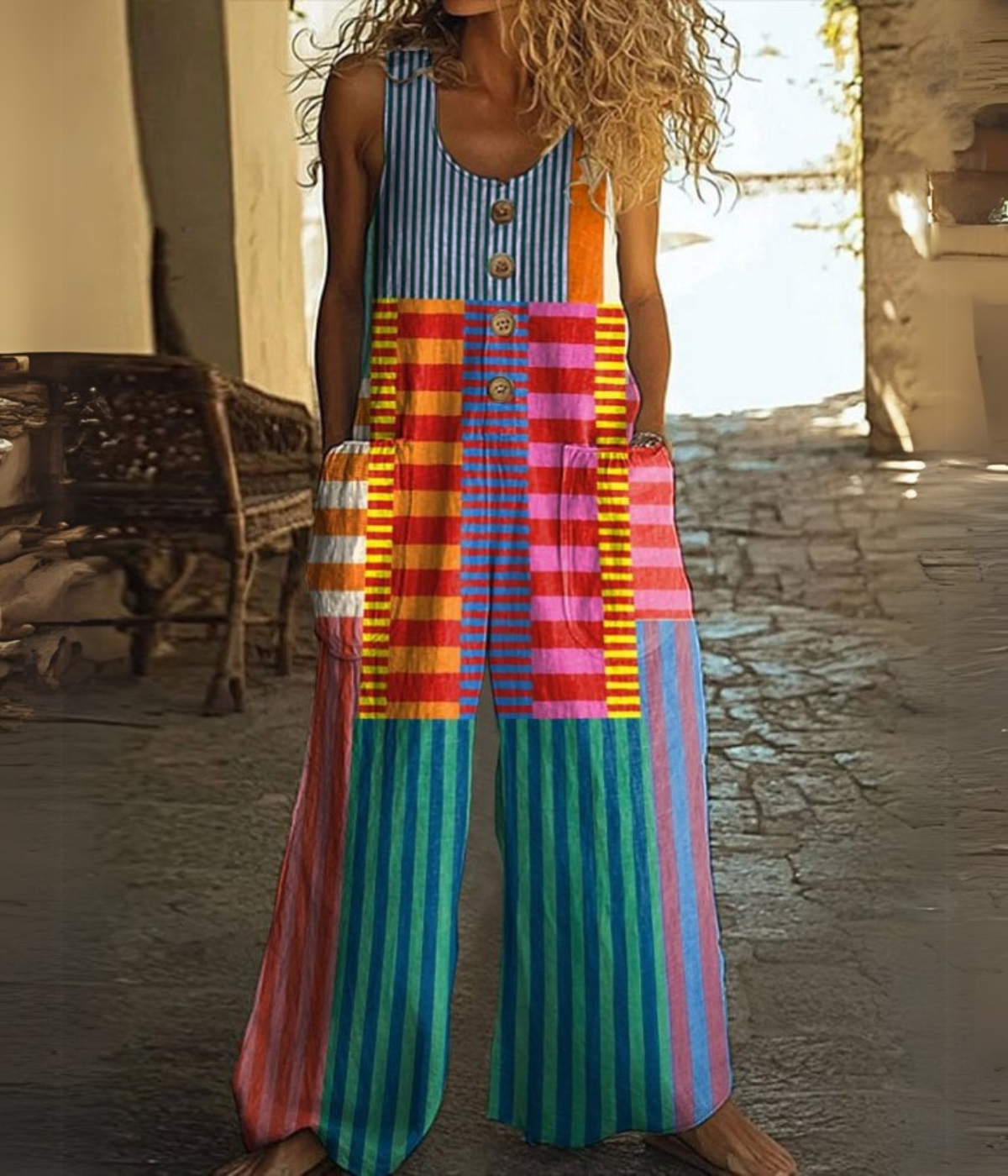 ジオメトリック・ボタンアップ・レトロ・ジャンプスーツ