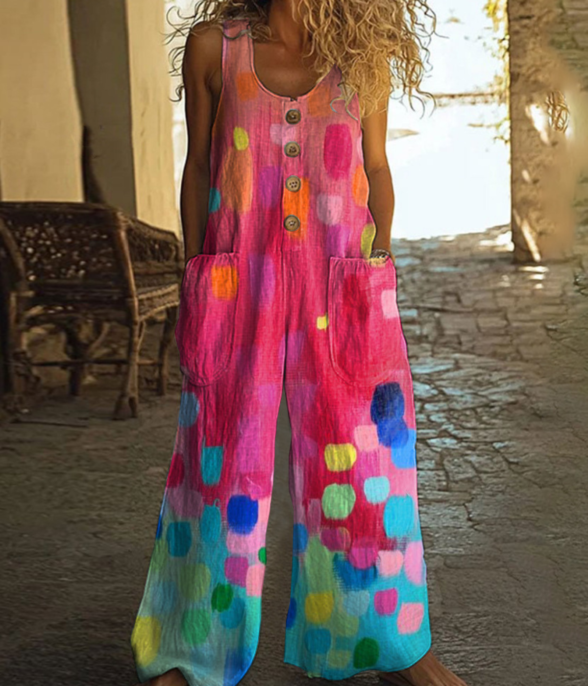 ピンクのドット柄ボタンアップ・レトロ・ジャンプスーツ