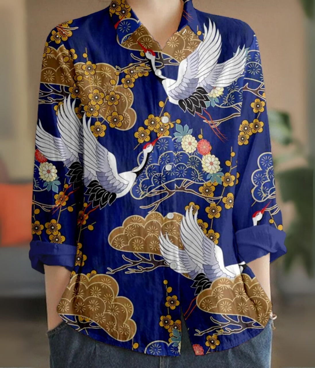 鶴花襟長袖ブラウス