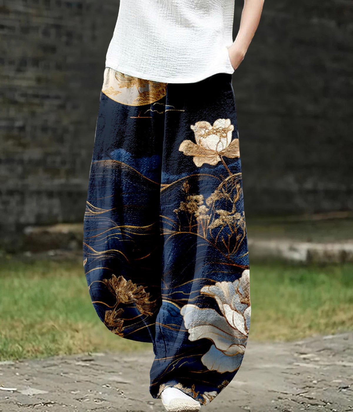 ネイビーブルーワイドレッグアートパンツ