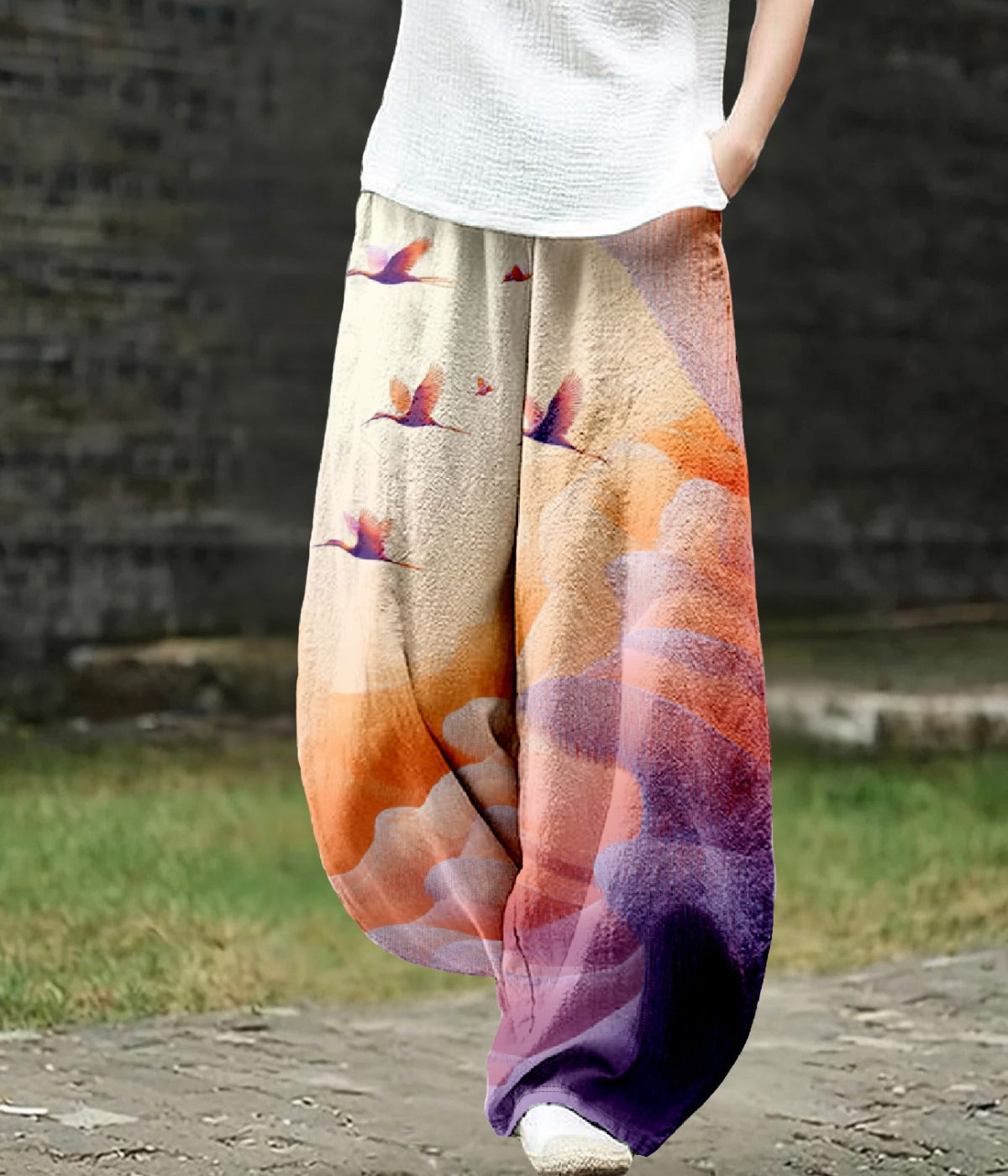 フラミンゴプリントワイドレッグアートパンツ