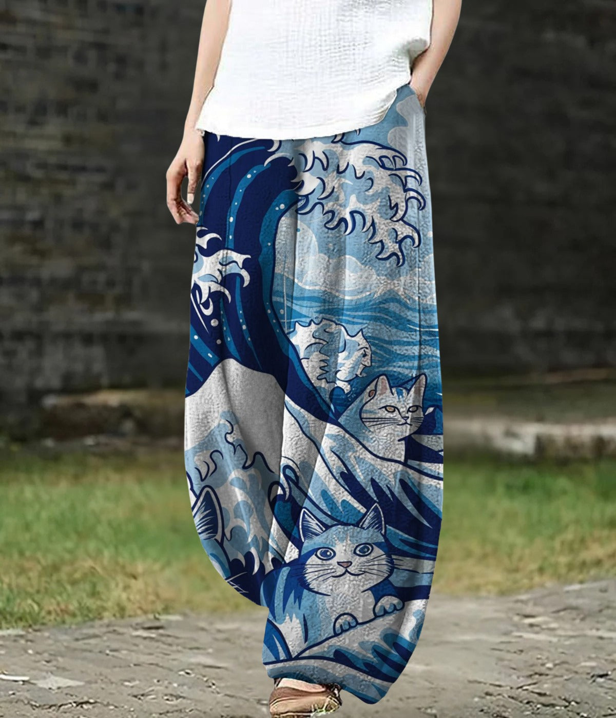 波プリントワイドレッグアートパンツ