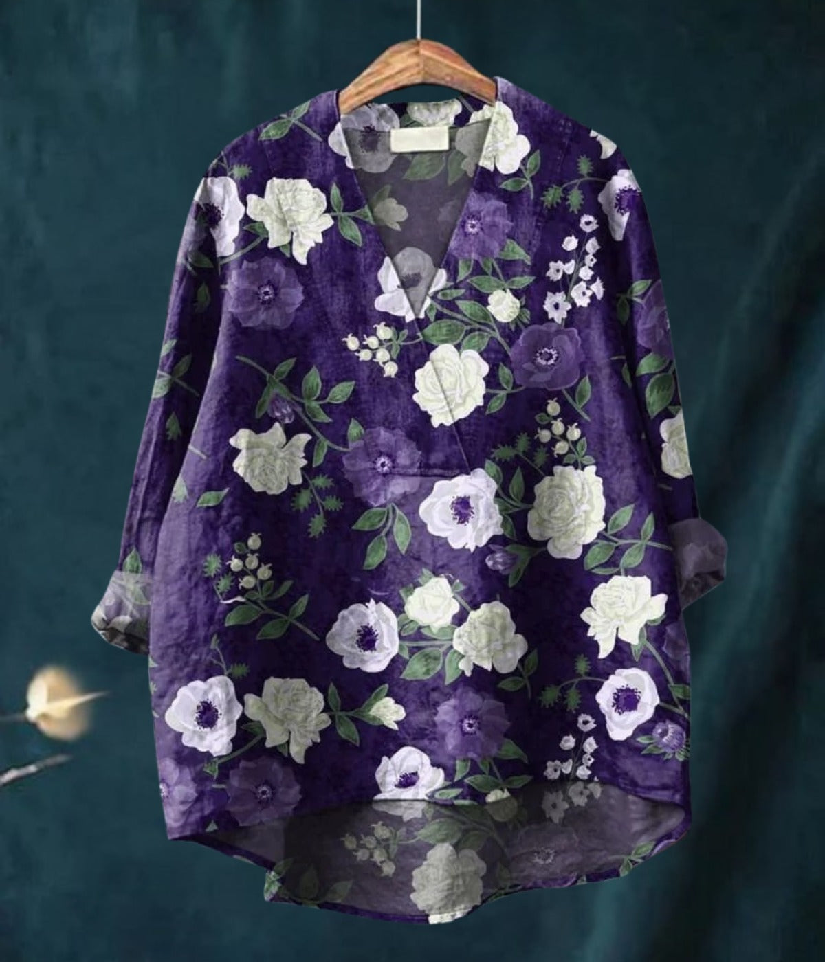 パープル花柄Vネック長袖ブラウス