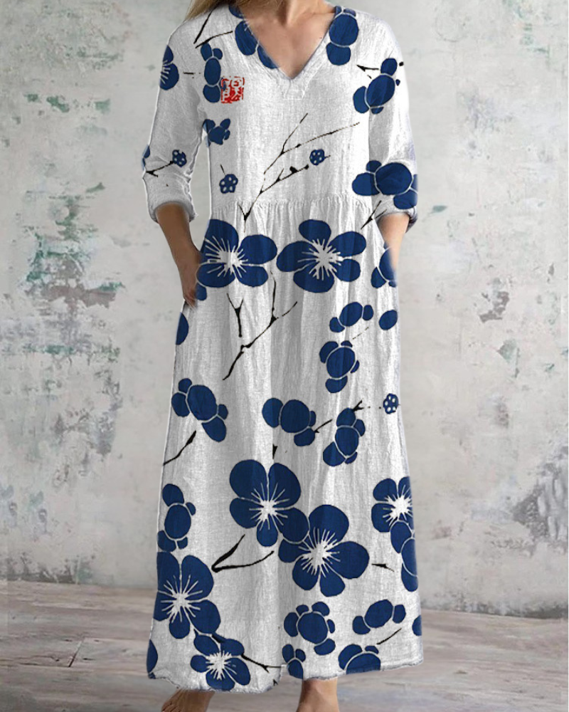 ホワイト×ブルーフラワーロングスカート