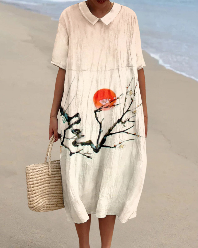 和風ツリー柄の襟付きワンピース