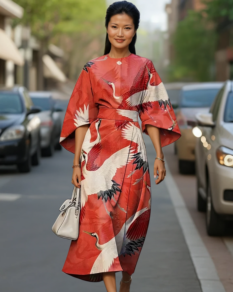 クレーン柄ミディドレス