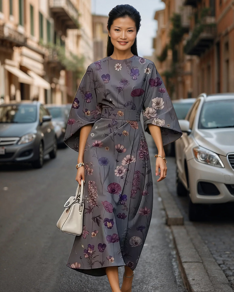 紫の花柄マキシドレス