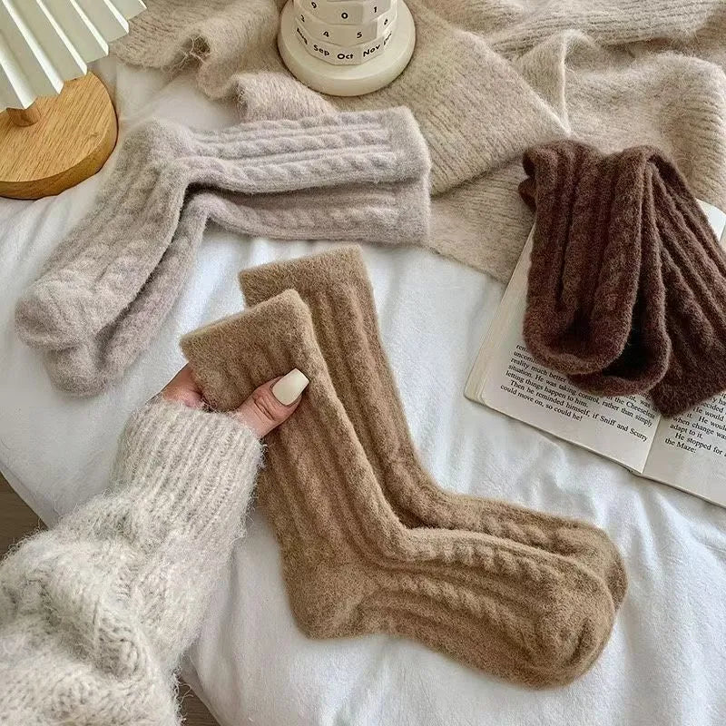 女性用、秋冬、厚手、暖かい、コットン製のミディアムレングスのレトロスタイルのソックス