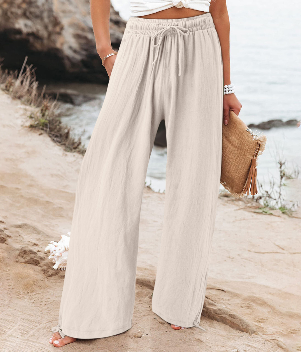 クリーム・ホワイトカジュアルなボヘミアン・パンツ