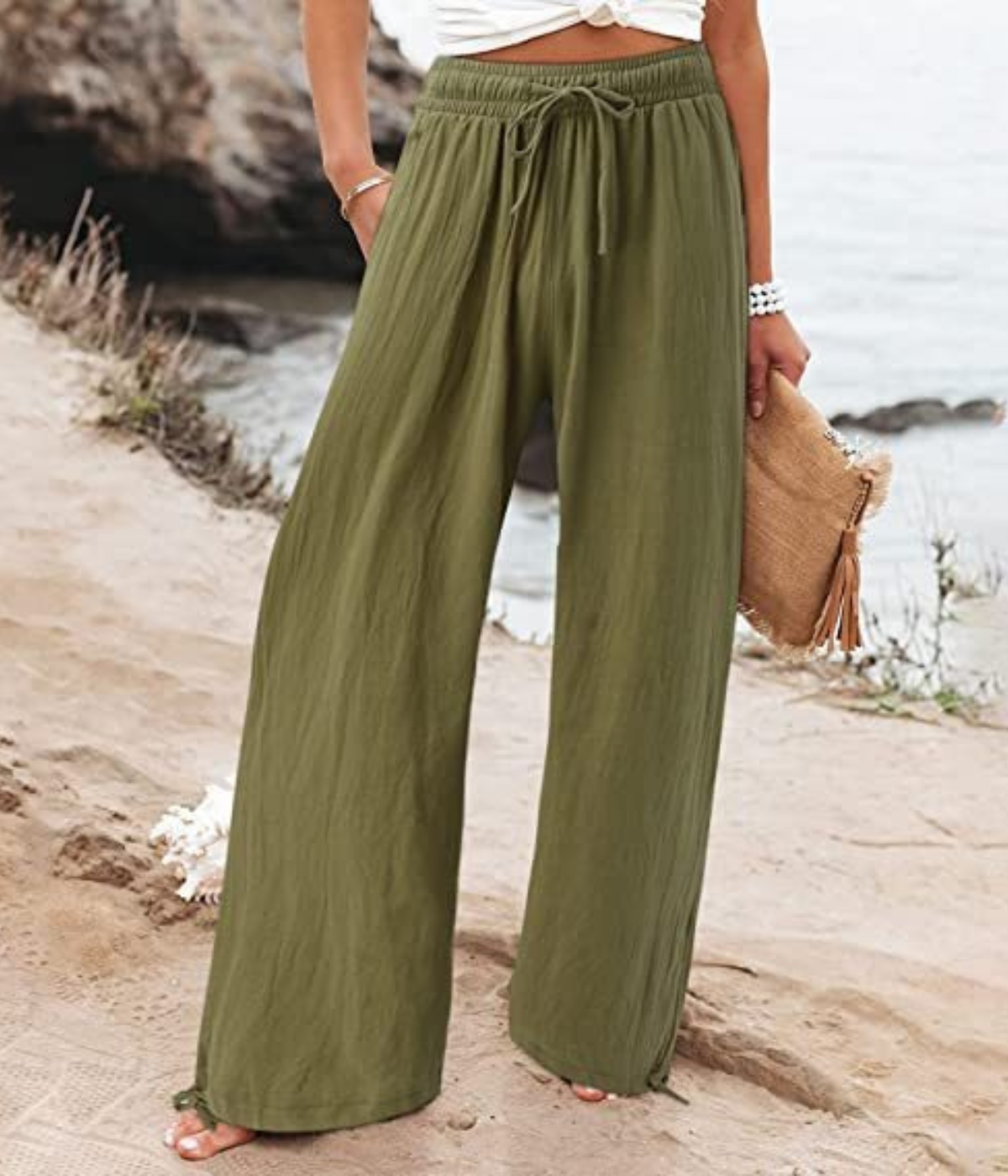 グリーンカジュアルなボヘミアン・パンツ