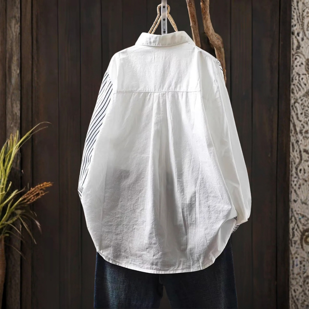 3Dフラワー刺繍ストライプシャツ