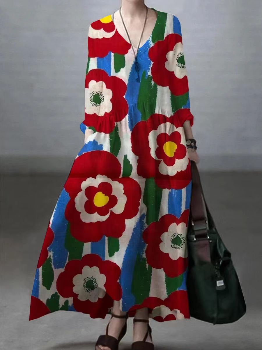 マルチカラーの花柄カジュアルVネックワンピース
