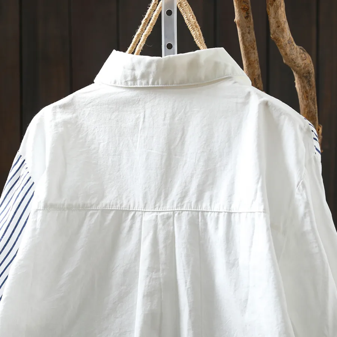 3Dフラワー刺繍ストライプシャツ