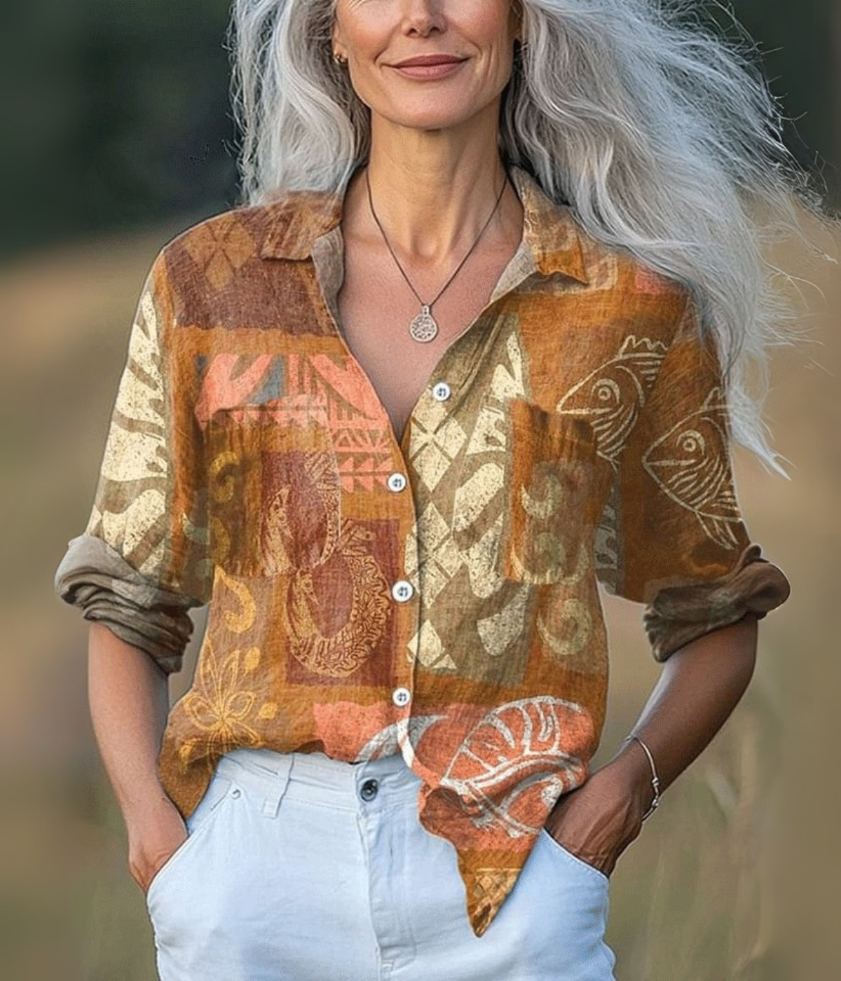 ゴールドエレガントVネックロングスリーブトップス