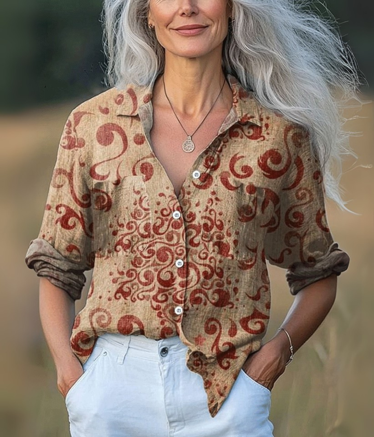 カーキ・エレガントVネックロングスリーブトップス