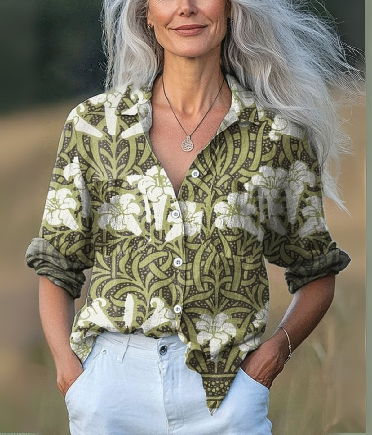 グリーンエレガントVネックロングスリーブトップス