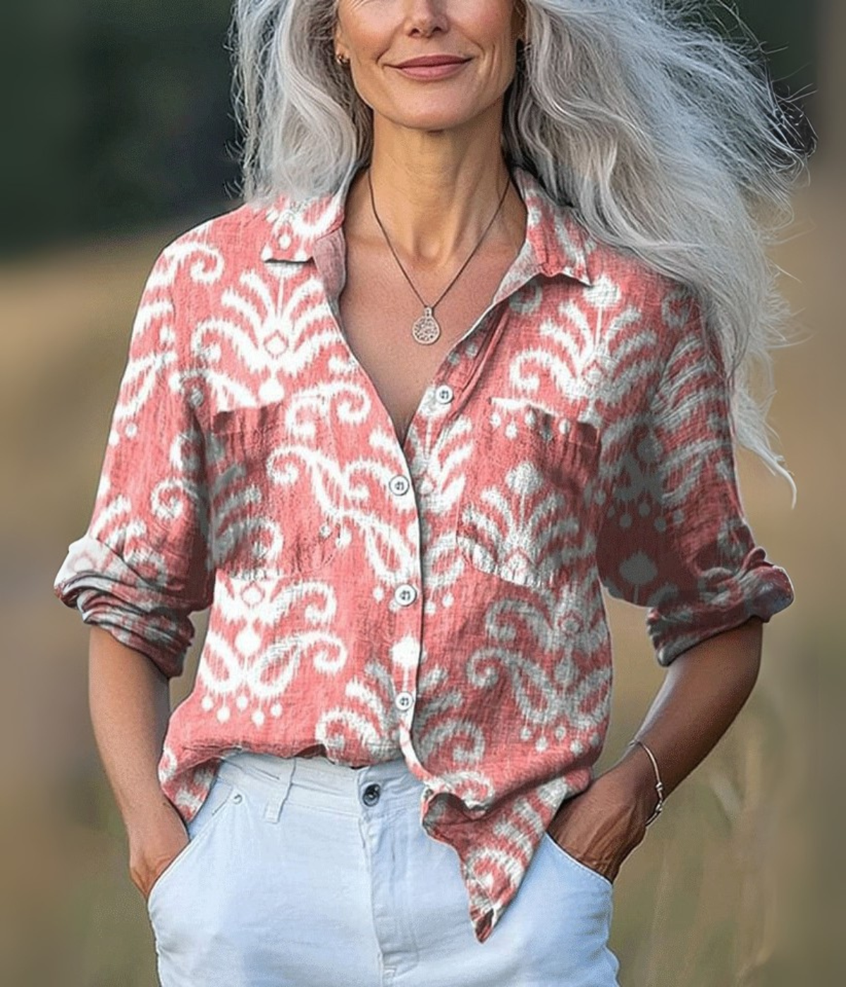 ライトピンクのエレガントなVネックロングスリーブトップス