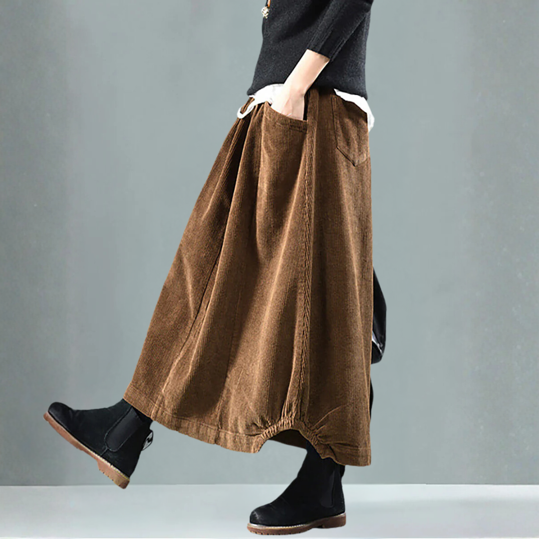 ウエストゴムふくらはぎ丈春コーデュロイスカート