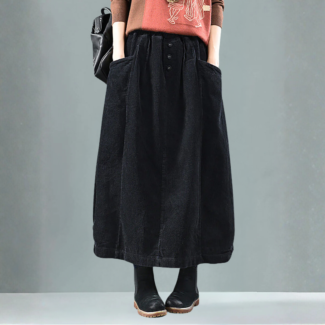 ウエストゴムふくらはぎ丈春コーデュロイスカート