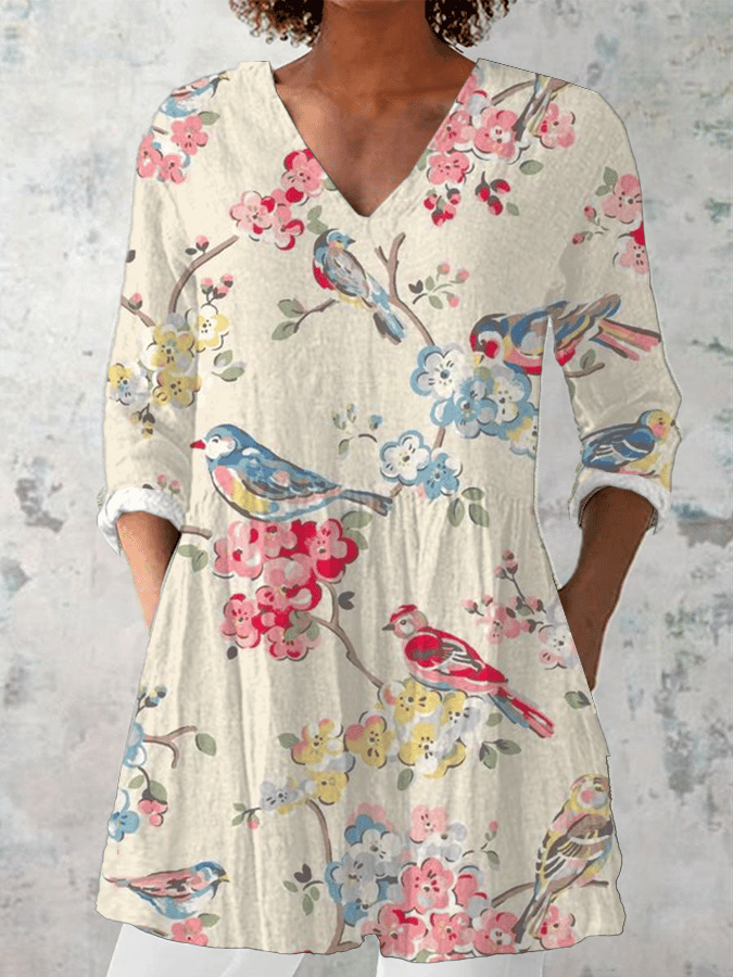 ヴィンテージバードフローラルプリントVネックシャツ