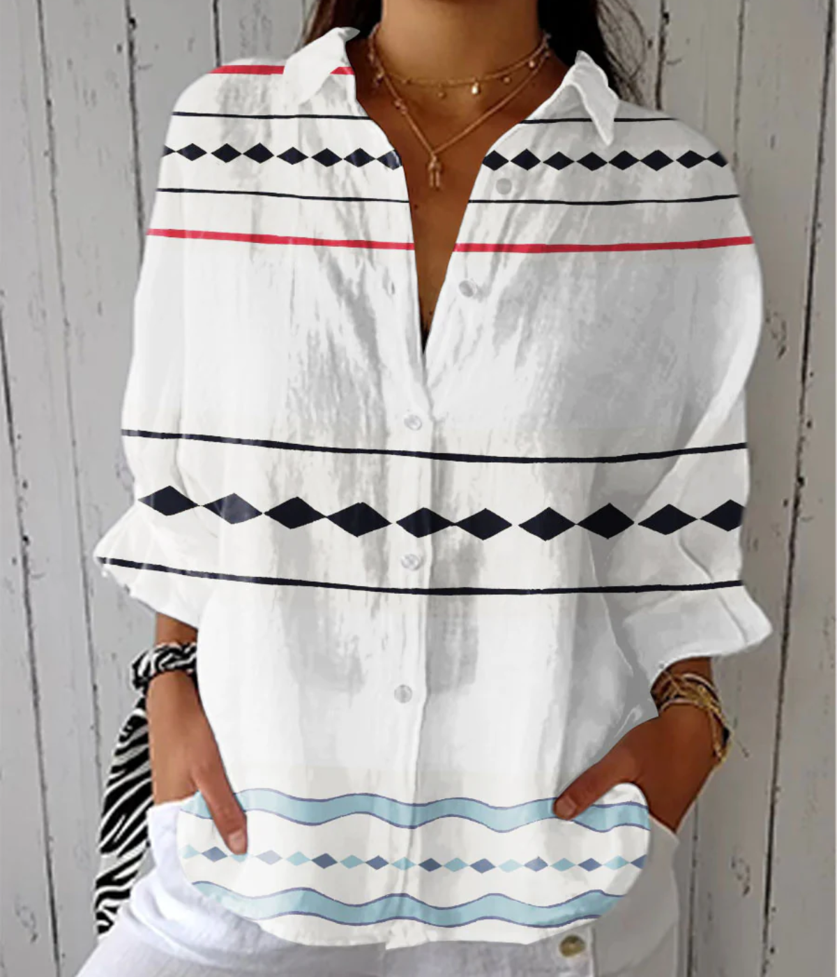 ジオメトリック・モダン・プリント・ブラウス