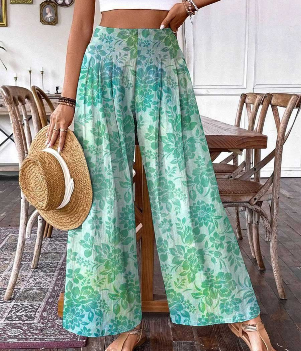 グリーン・フローラル・ワイドレッグ・パンツ