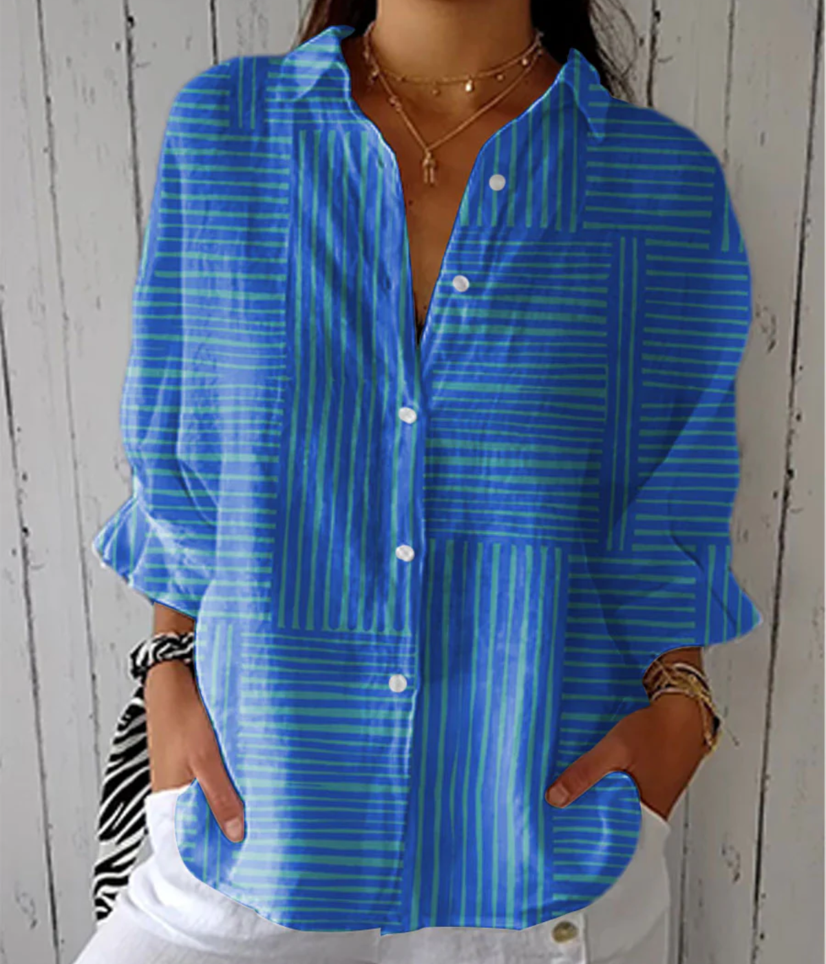 ストライプ・モダン・プリント・ブラウス