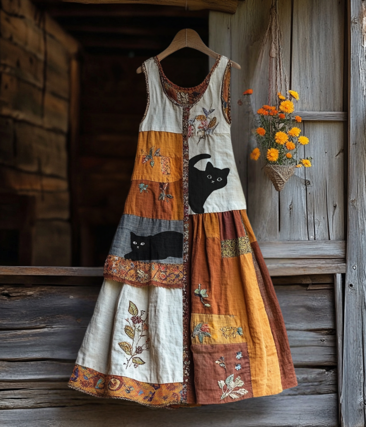 ヴィンテージ風キャット・プリント・ドレス