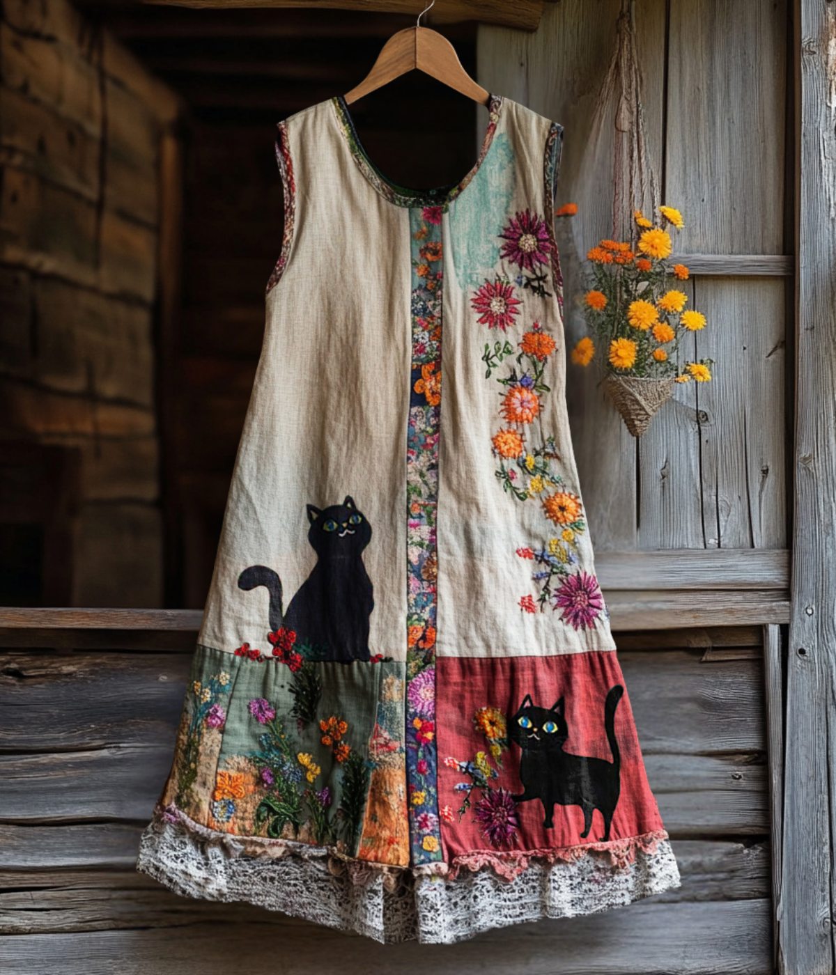 ヴィンテージ風キャット・プリント・ドレス