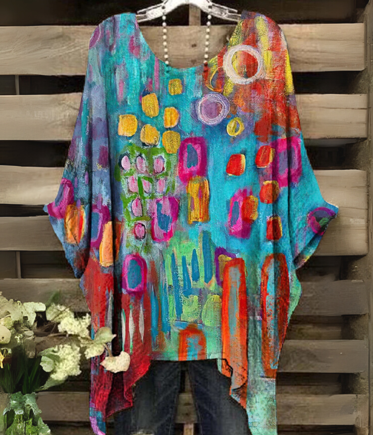 ボーホーカラードットプリントトップス