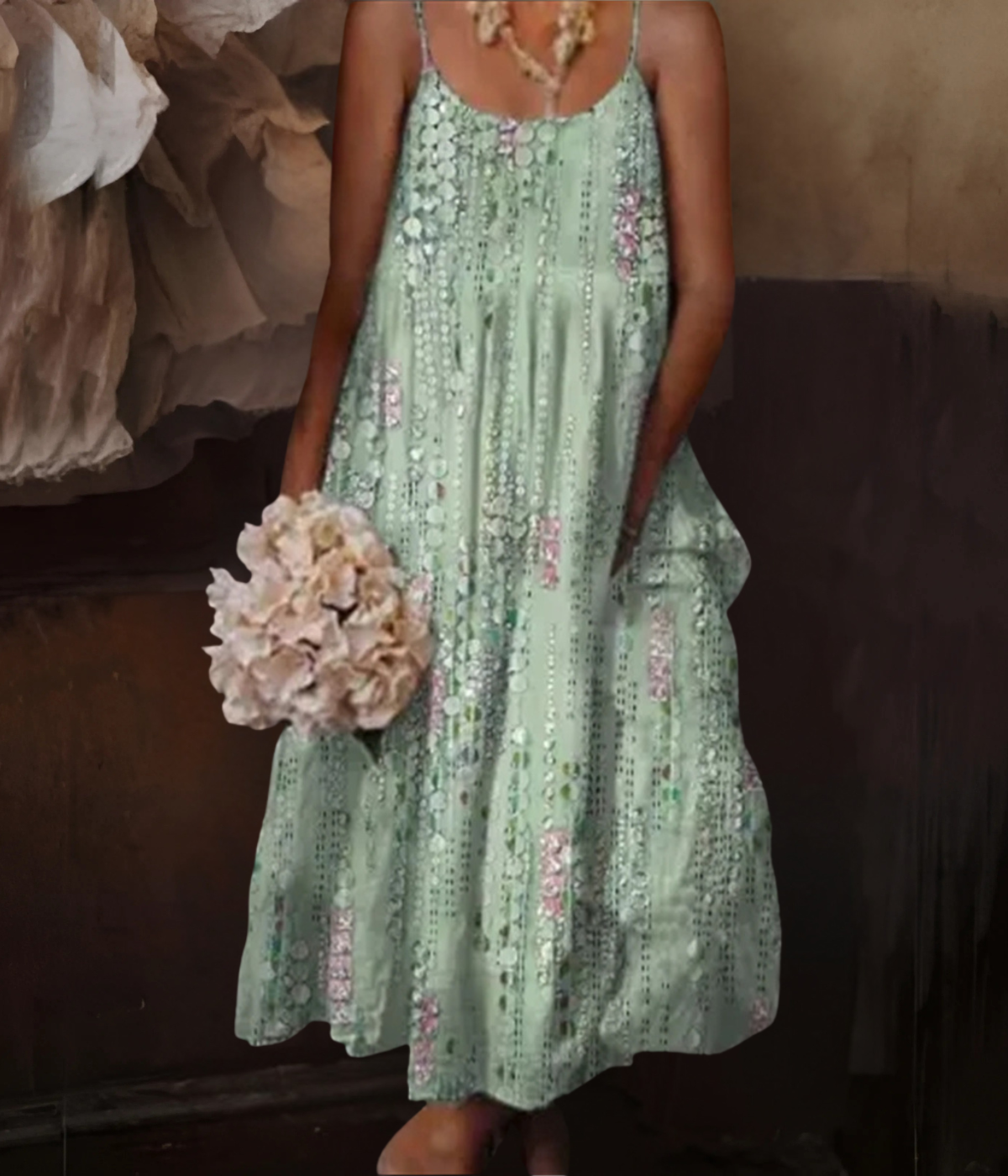 グリーンスタイリッシュノースリーブワンピース