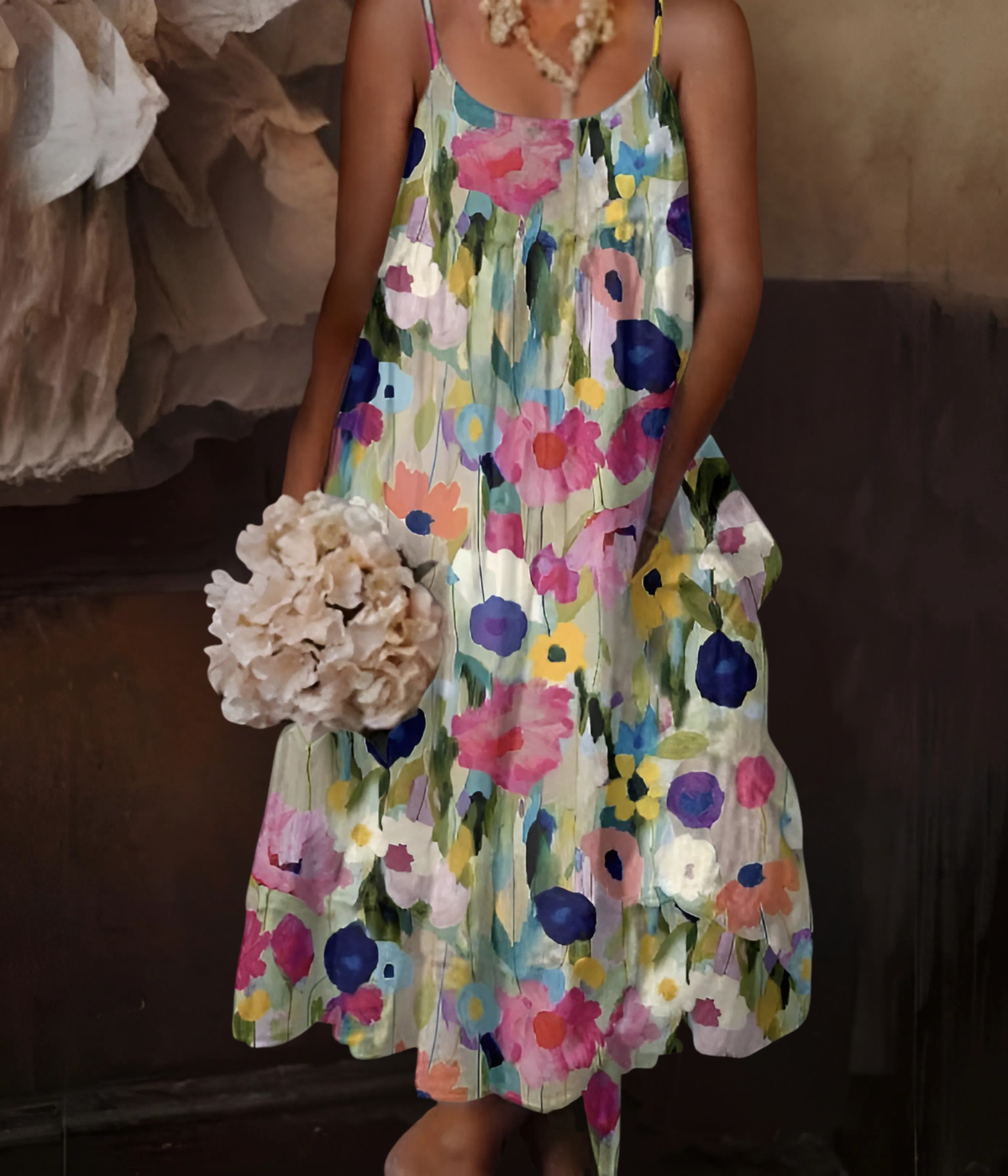 マルチカラースタイリッシュノースリーブワンピース