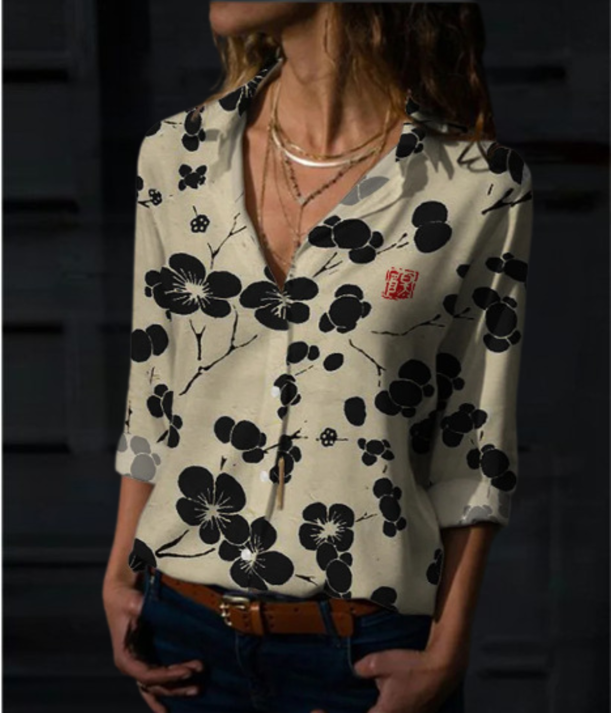 ブラックブロッサム柄ワンピースブラウス