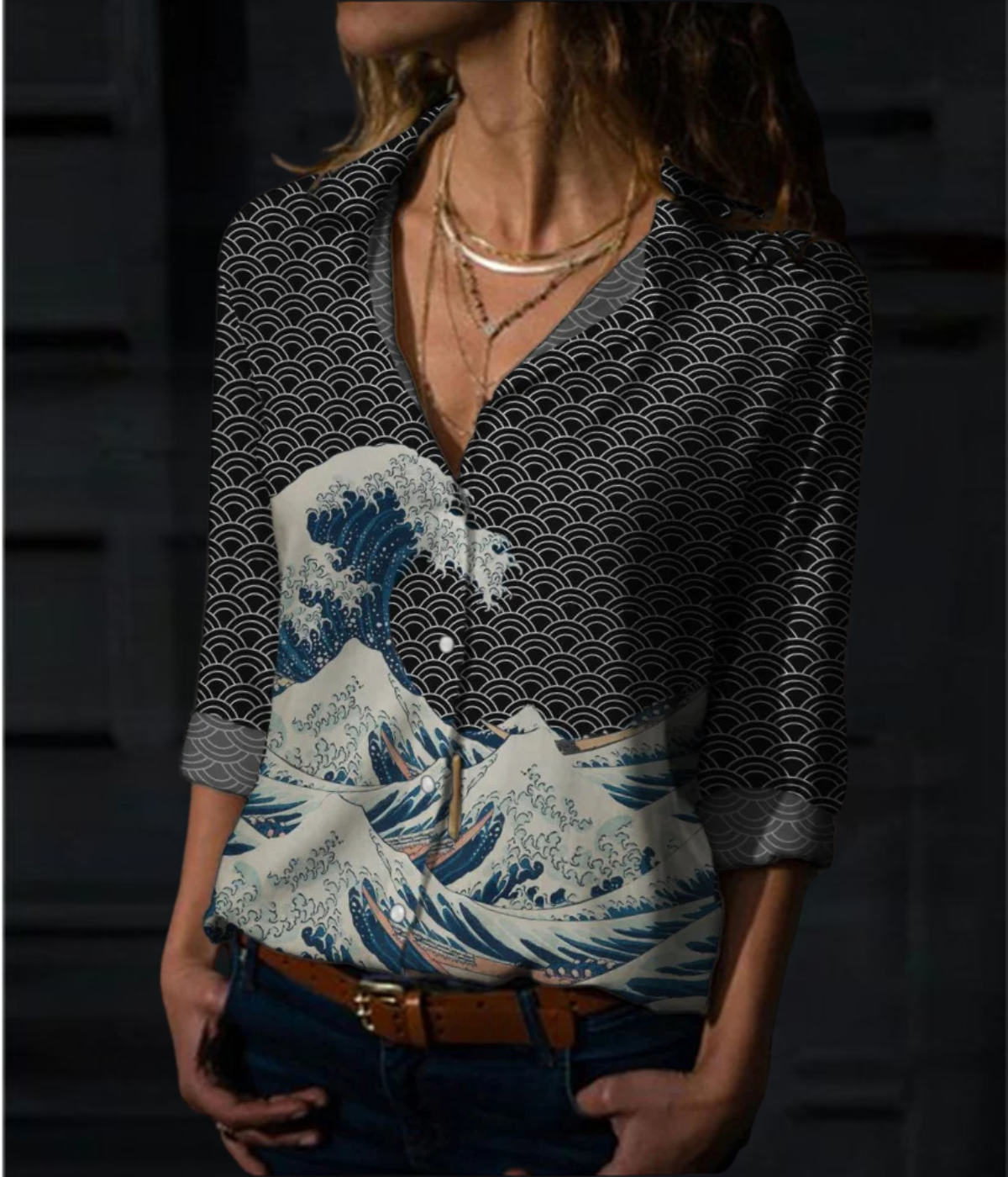 ブラックウェーブ柄ワンピースブラウス