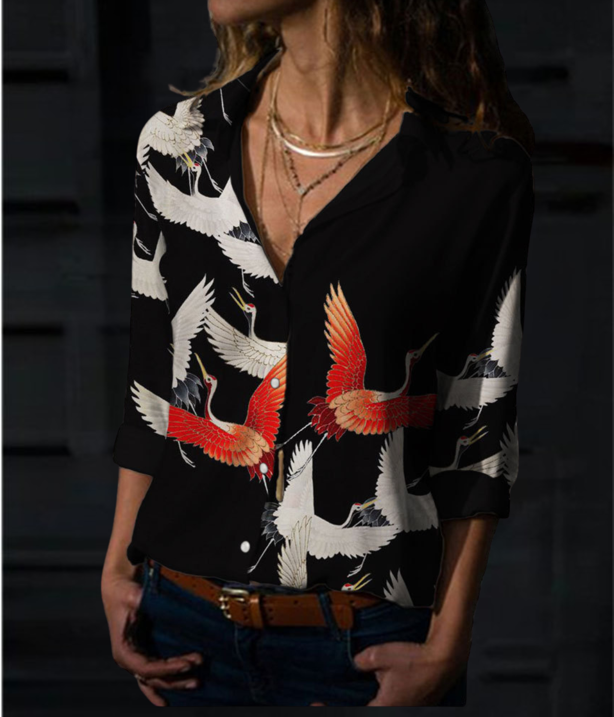 ホワイトバード柄ワンピースブラウス