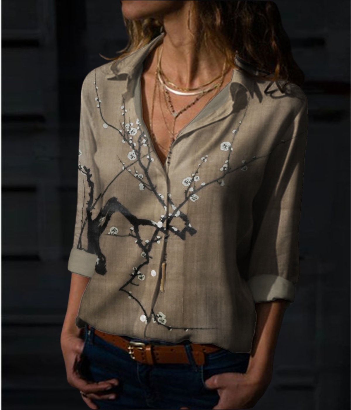 ブラウンリーフ柄ワンピースブラウス