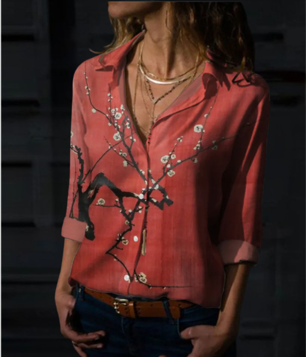 レッドリーフ柄ワンピースブラウス